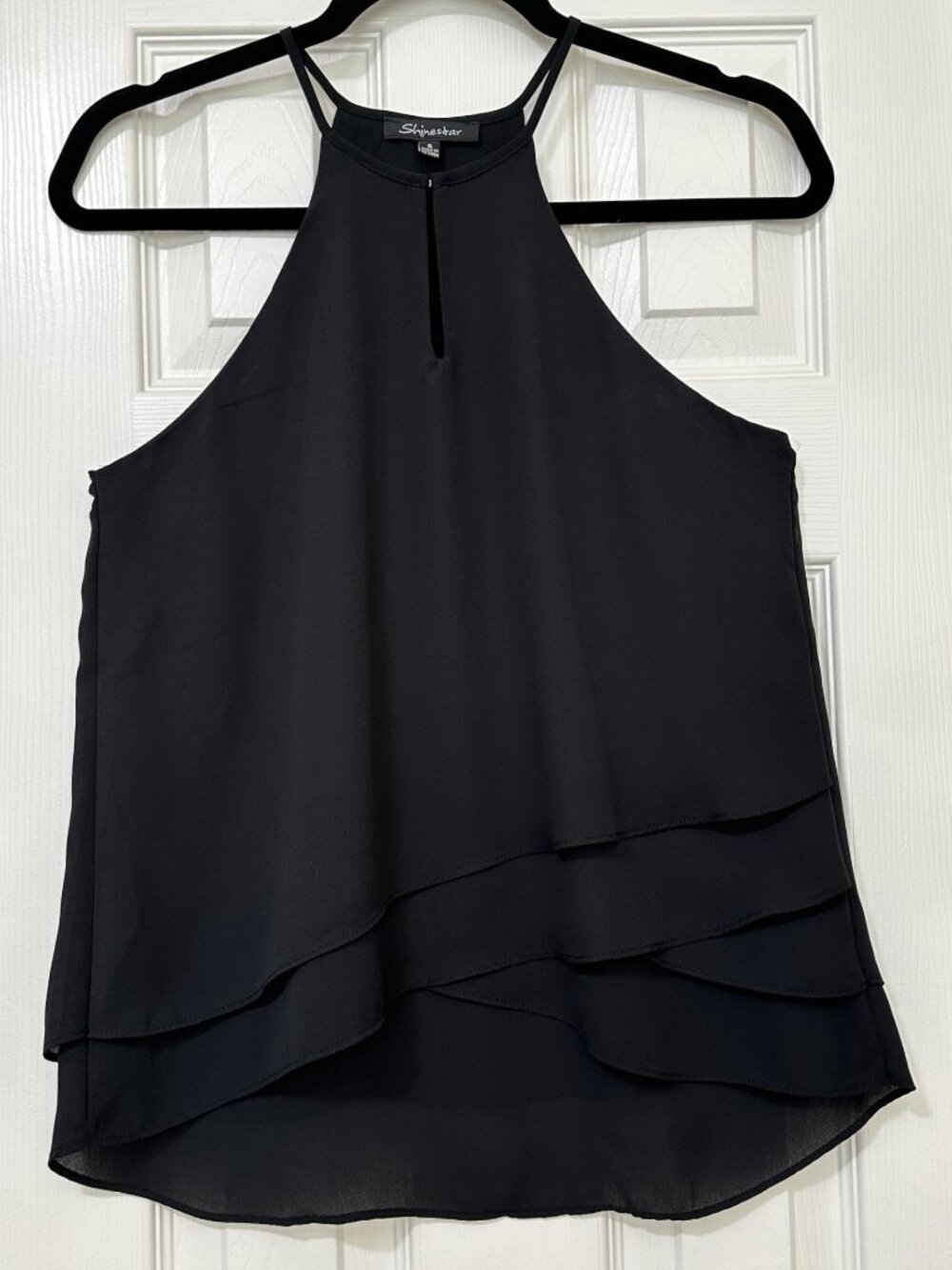 SHINESTAR Tiered High Low Hemline Halter Top Black Size S